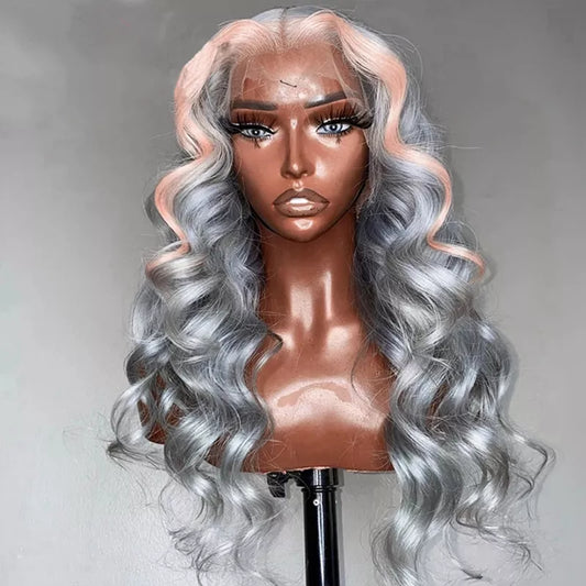 13X4 Transparent Lace Platinum Grey w/ Pink Highlight Wig - Litty & Pretty