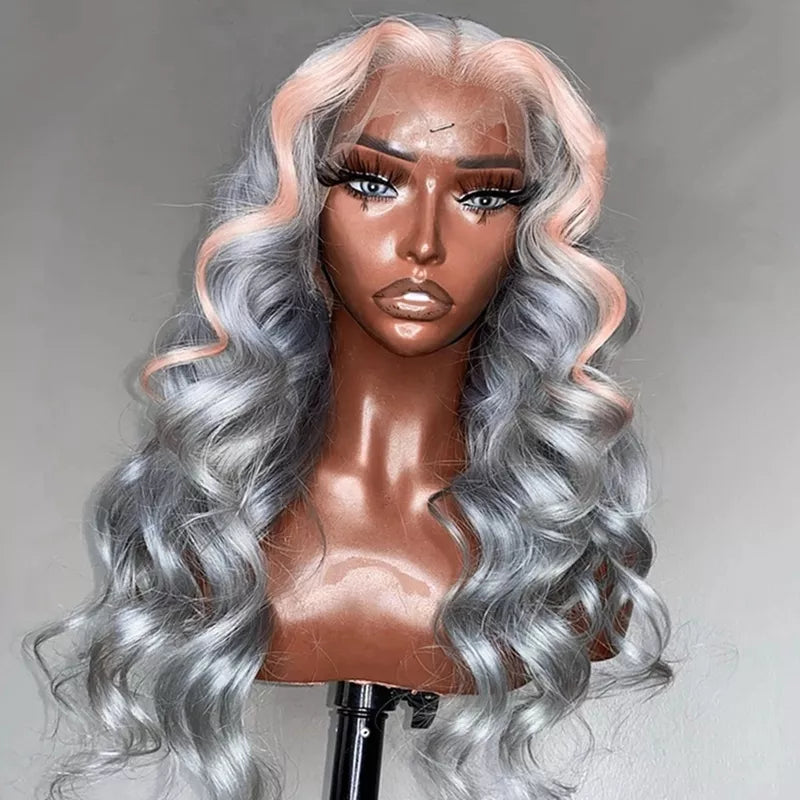 13X4 Transparent Lace Platinum Grey w/ Pink Highlight Wig - Litty & Pretty