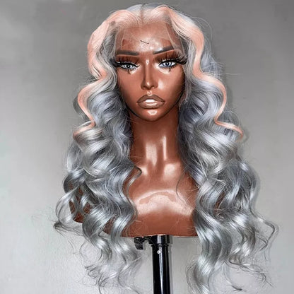 13X4 Transparent Lace Platinum Grey w/ Pink Highlight Wig - Litty & Pretty