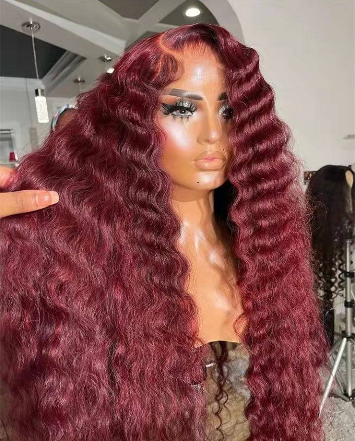 13x4 Transparent Lace Burgundy Deep Wave Wig - Litty & Pretty