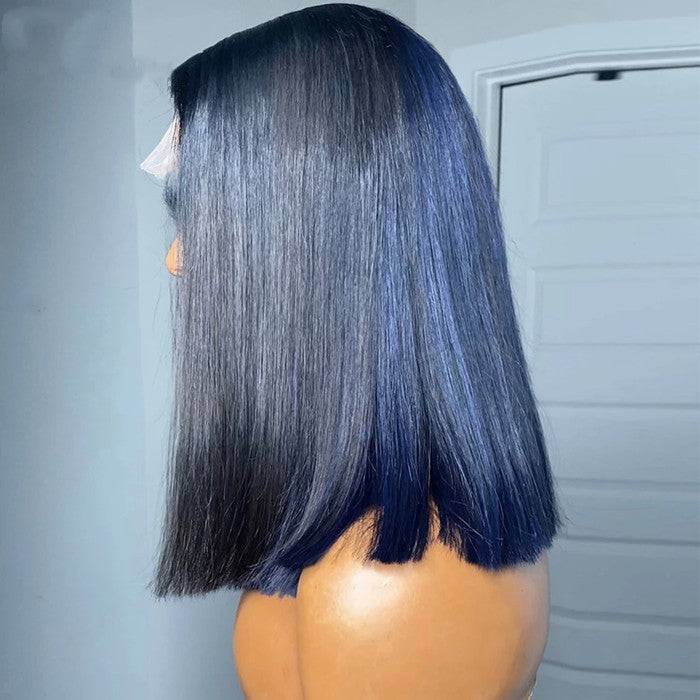 13x4 Transparent Lace Straight Bob Wig w/ Blue Highlight - Litty & Pretty