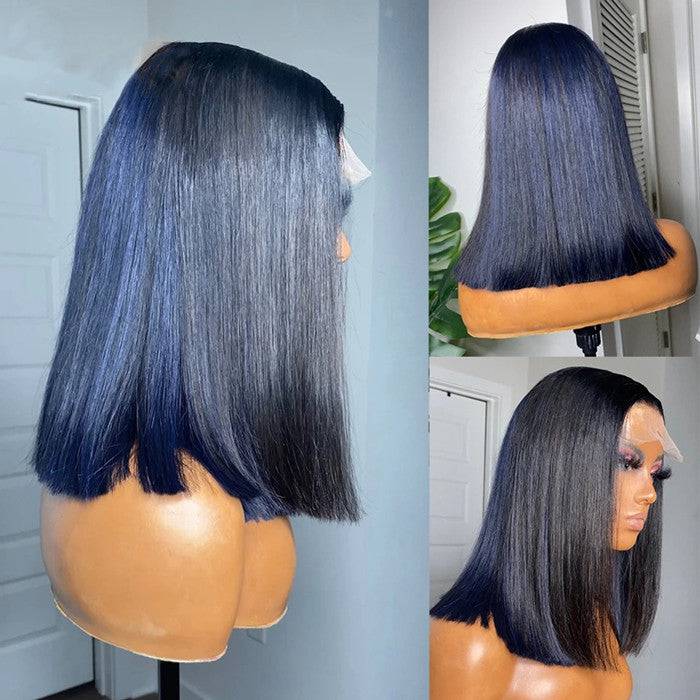 13x4 Transparent Lace Straight Bob Wig w/ Blue Highlight - Litty & Pretty